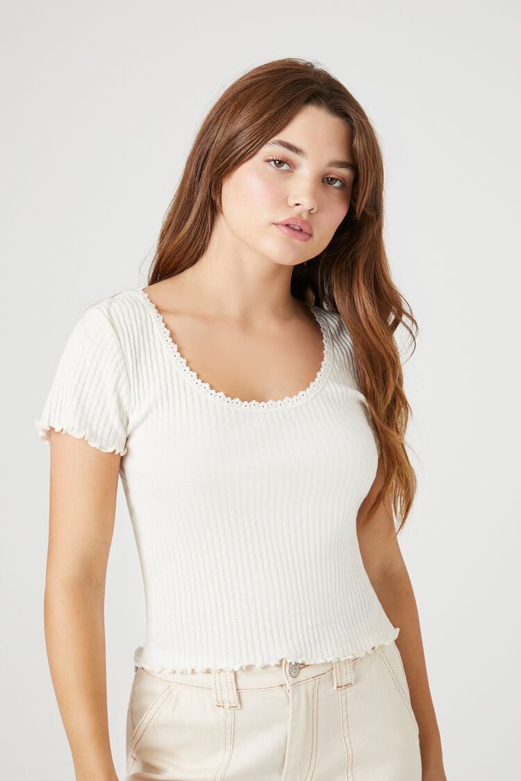 Forever 21 Women's Ribbed Lace-Trim Cropped T-Shirt White