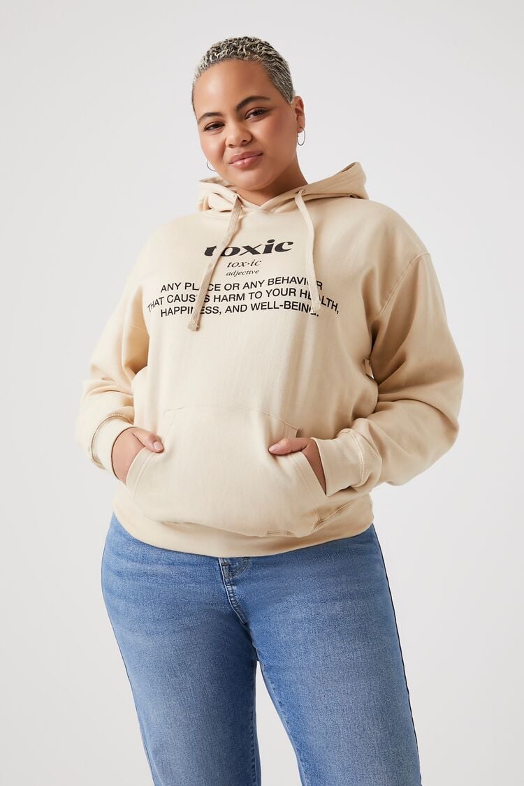 Forever 21 Plus Women's Toxic Graphic Hoodie Sweatshirt Beige/Multi