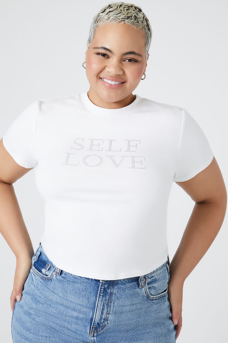 Forever 21 Plus Women's Rhinestone Self Love T-Shirt White