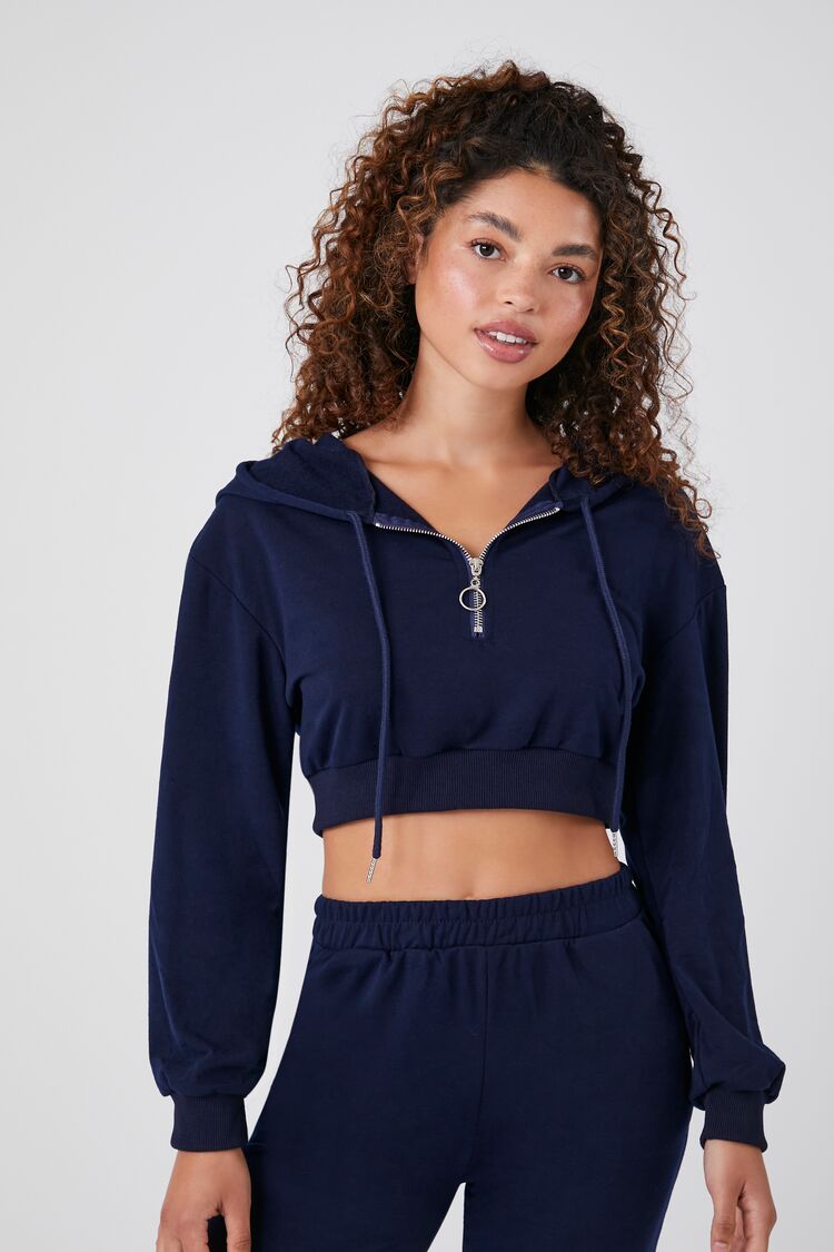 Forever 21 Women's French Terry Cropped Hoodie Sweatshirt Navy