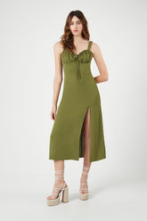 Forever 21 Women's Ruffle-Trim Sweetheart Midi Dress Olive