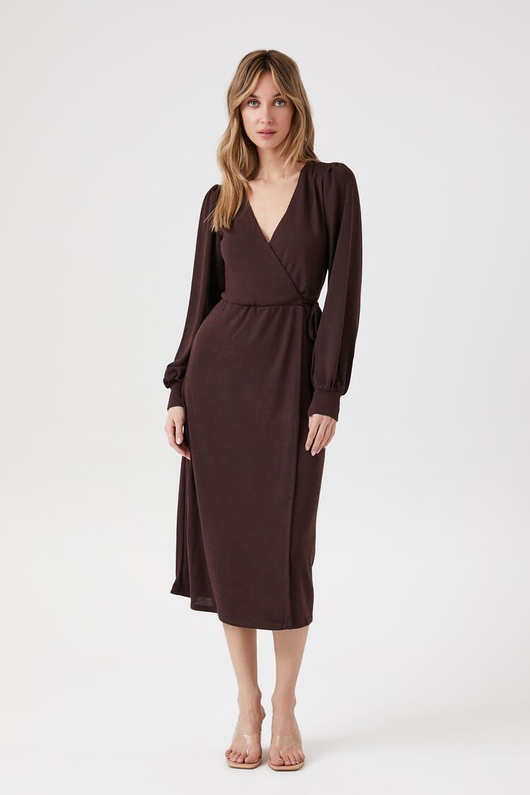 Forever 21 Women's Peasant-Sleeve Midi Wrap Spring/Summer Dress Brown