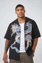 Forever 21 Men's Linen Dragon Graphic Shirt Black/Multi