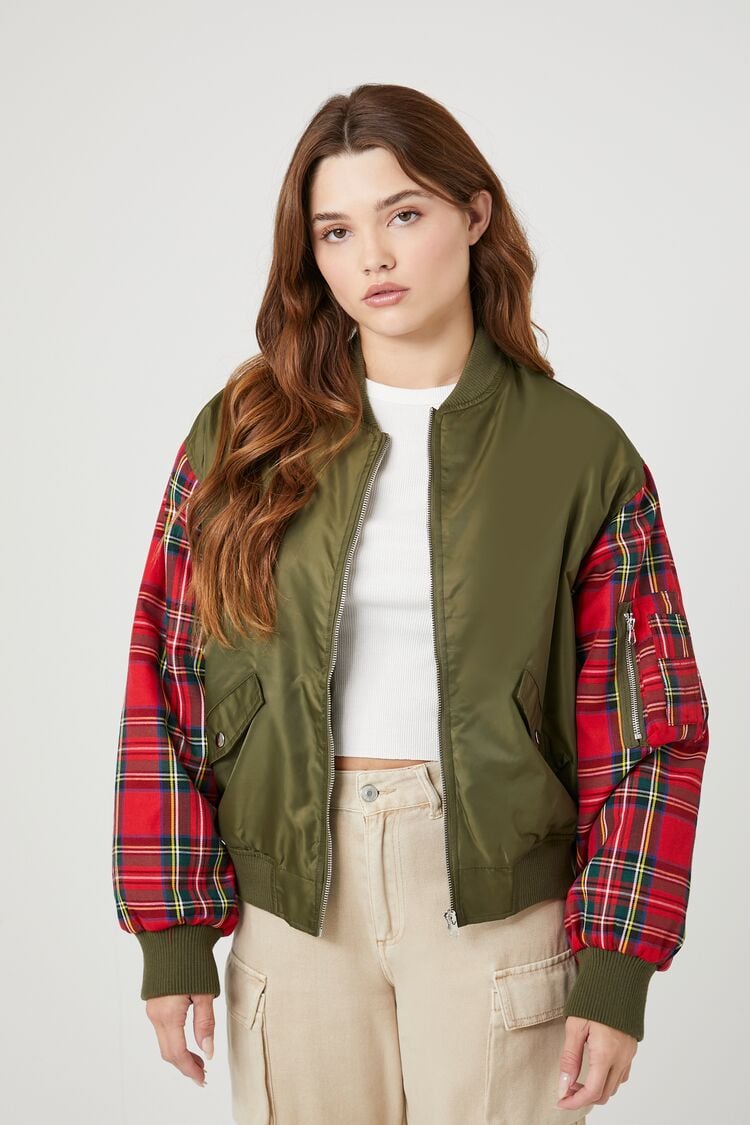 Forever 21 Women's Plaid Combo Bomber Jacket Olive/Multi