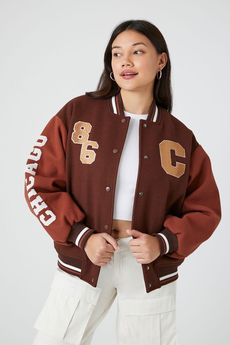 Forever 21 Women's Chicago Varsity Letterman Jacket Brown/Multi