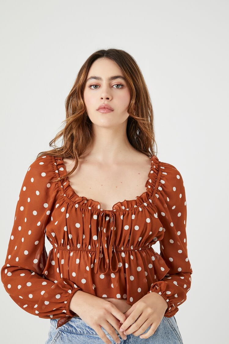 Forever 21 Women's Chiffon Polka Dot Top Rust/Multi