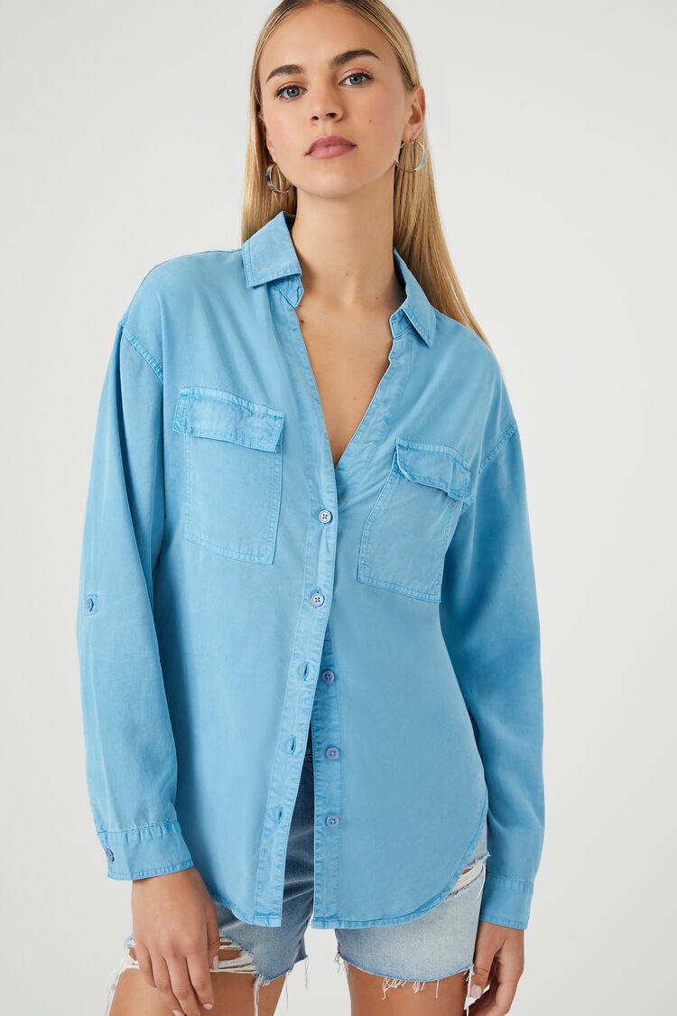 Forever 21 Women's Chambray Drop-Sleeve Shirt Blue