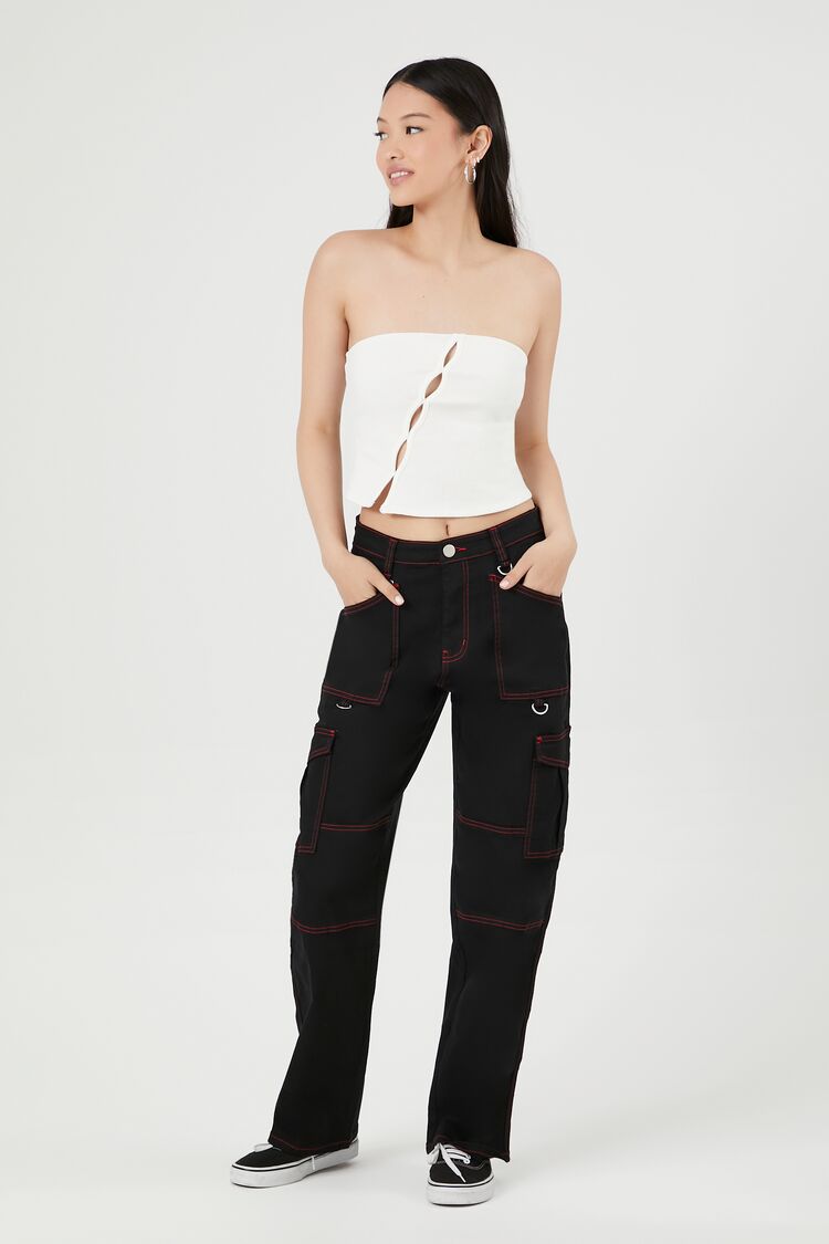 Forever 21 Women's Twill D-Ring Straight-Leg Pants Black/Red