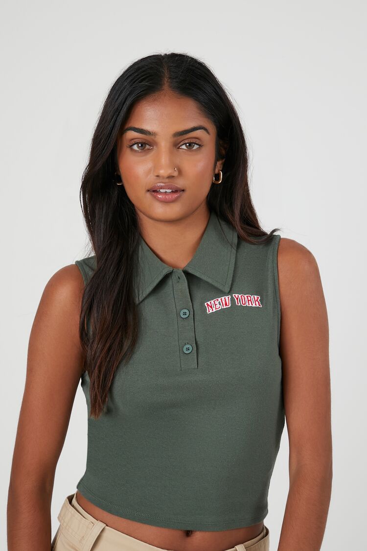 Forever 21 Women's New York Sleeveless Polo Shirt Green/Multi