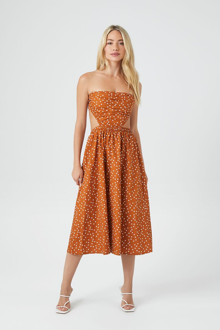 Forever 21 Women's Polka Dot Cutout Midi Dress Tan/White