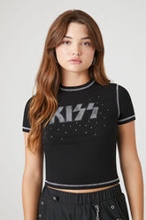 Forever 21 Women's Rhinestone KISS Graphic Cropped T-Shirt Black/Multi