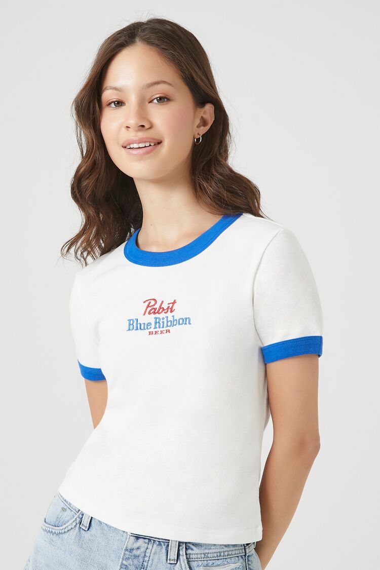 Forever 21 Women's Embroidered Pabst Ringer Cropped T-Shirt White/Blue