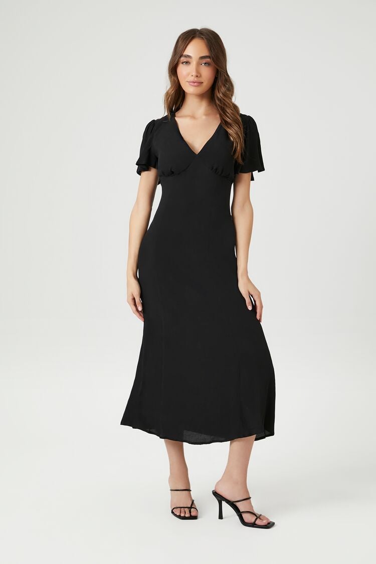 Forever 21 Women's Flounce-Sleeve Midi Spring/Summer Dress Black