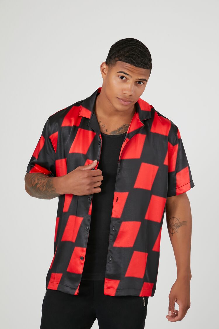 Forever 21 Men's Checkered Short-Sleeve Shirt Black/Red