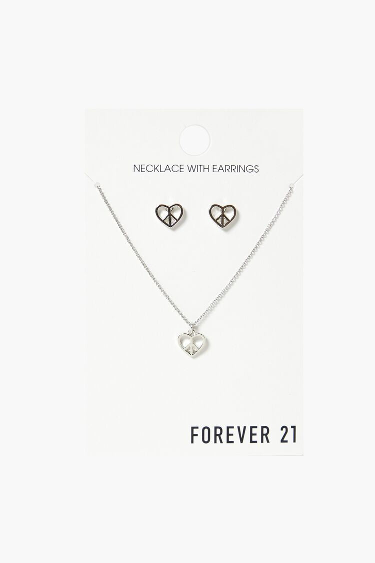 Forever 21 Women's Peace Heart Necklace & Earring Set Silver