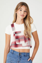 Forever 21 Women's Plaid Cropped Overall Shirt Red/Multi