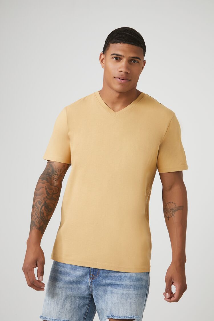 Forever 21 Men's Cotton V-Neck T-Shirt Camel