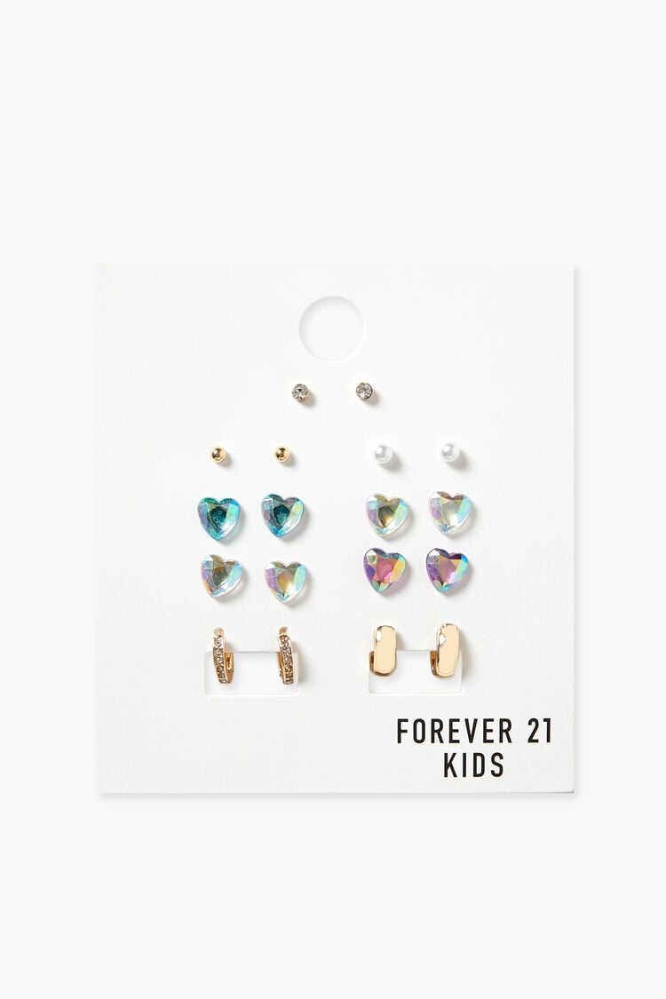 Forever 21 Girls Faux Gem Heart Earring Set (Kids) Blue/Gold