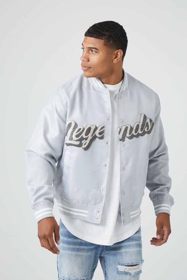 Forever 21 Men's Legends Varsity Bomber Jacket Light Grey