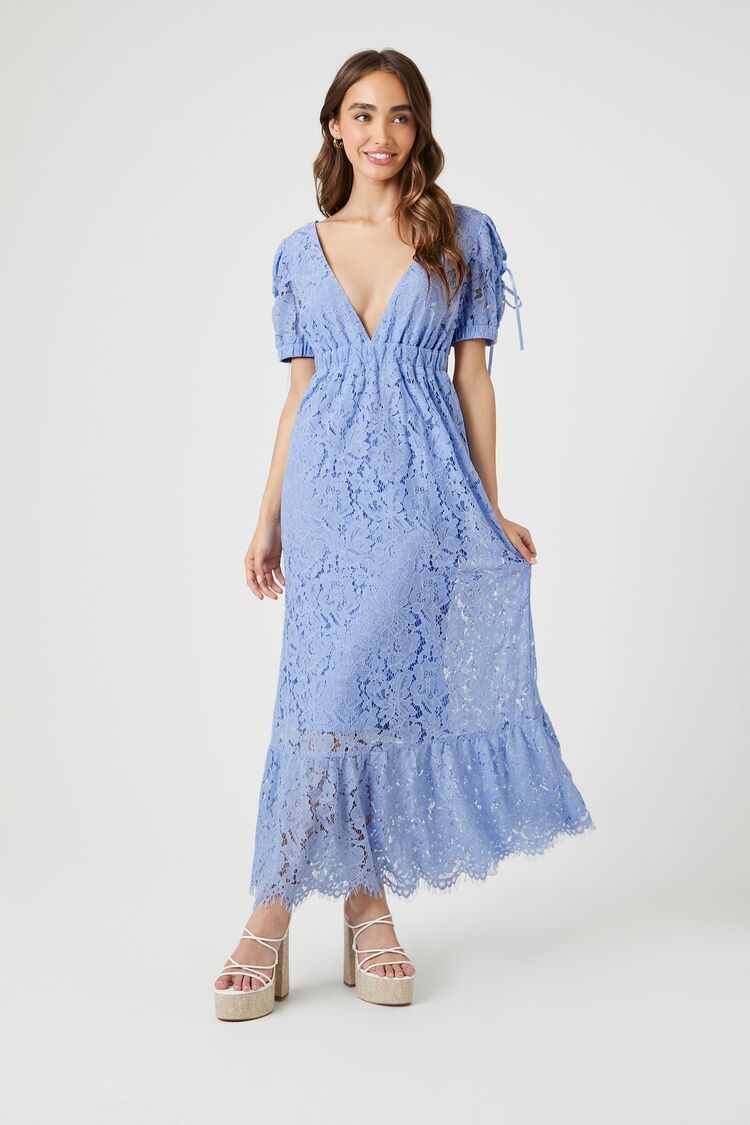 Forever 21 Women's Lace Flounce-Hem Maxi Long Spring/Summer Dress Light Blue