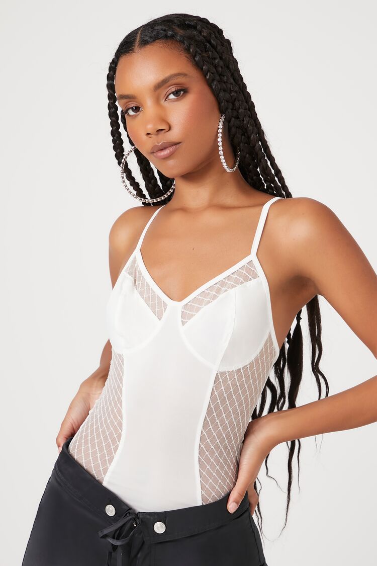 Forever 21 Women's Sheer Lattice Cami Bodysuit White