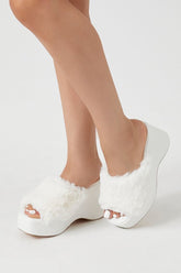 Forever 21 Women's Faux Fur Platform Wedges White