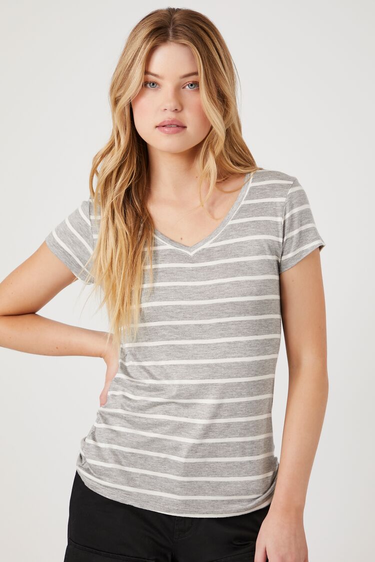 Forever 21 Women's Striped V-Neck T-Shirt Light Heather Grey/Ivory