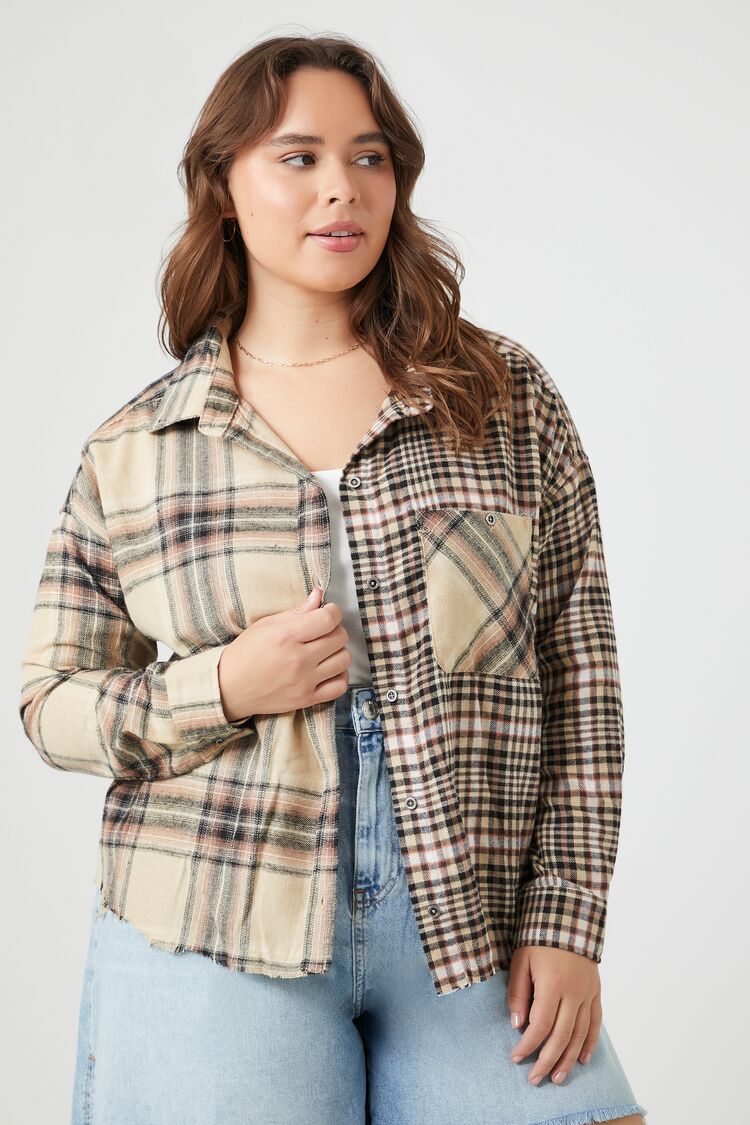 Forever 21 Plus Women's Colorblock Plaid Shirt Taupe/Black