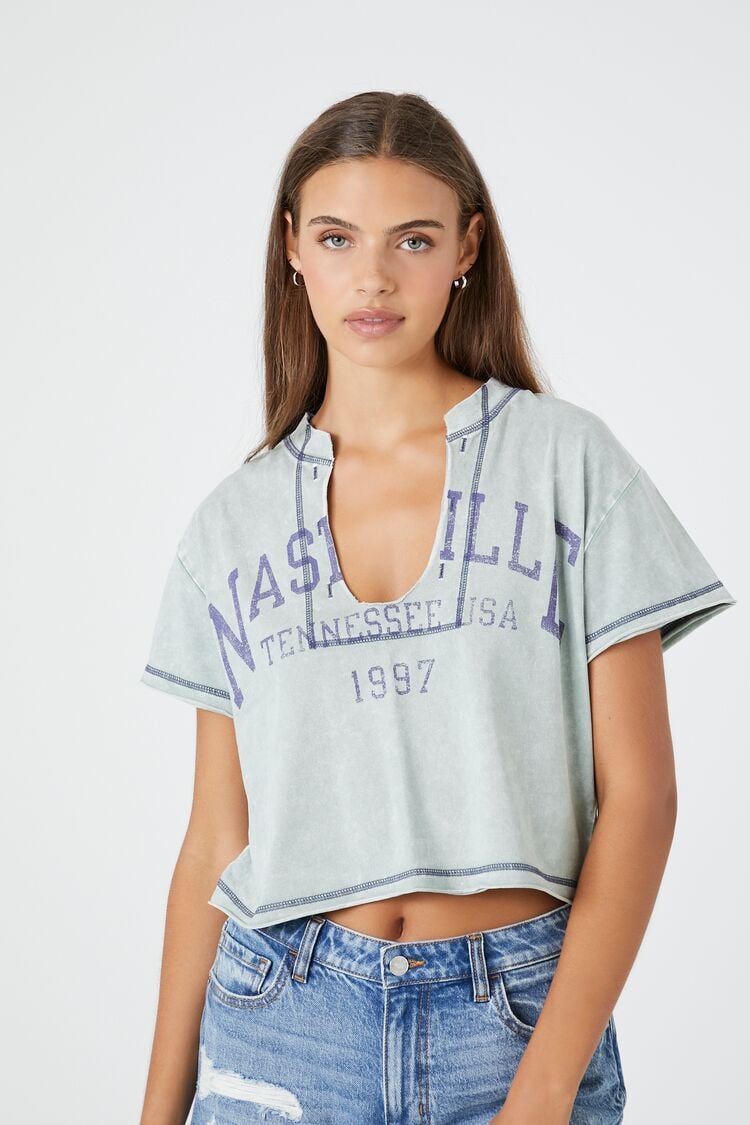 Forever 21 Women's Nashville Graphic Cropped T-Shirt Sage/Multi