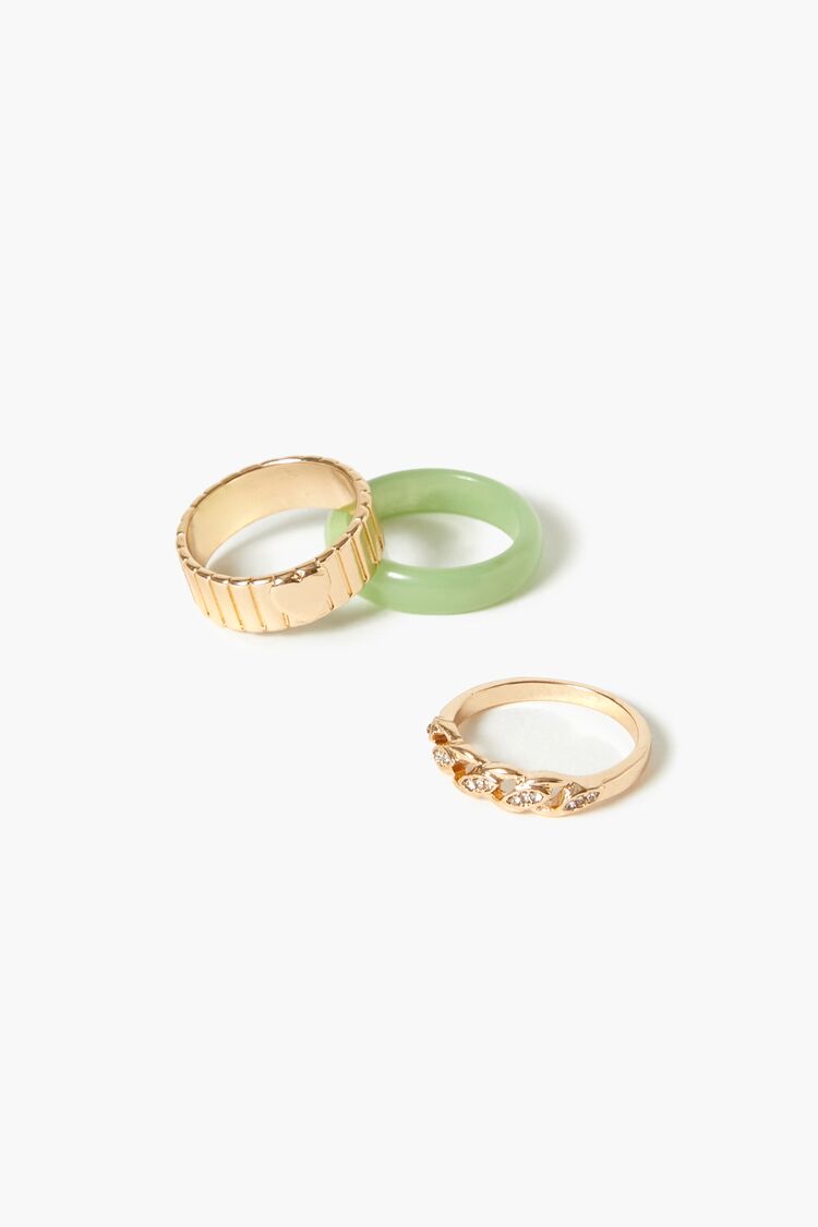 Forever 21 Women's Faux Marble & Rhinestone Chain Ring Set Gold/Green
