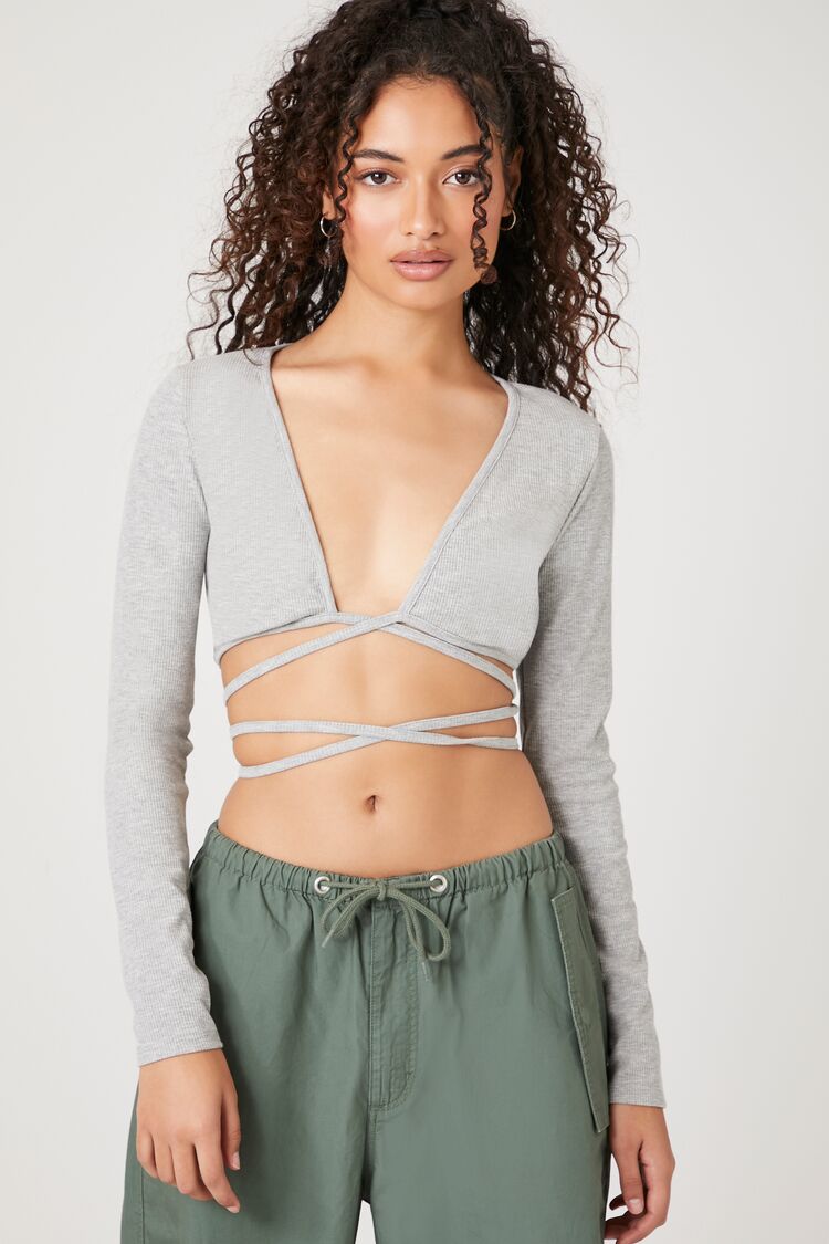 Forever 21 Women's Plunging Wraparound Crop Top Heather Grey