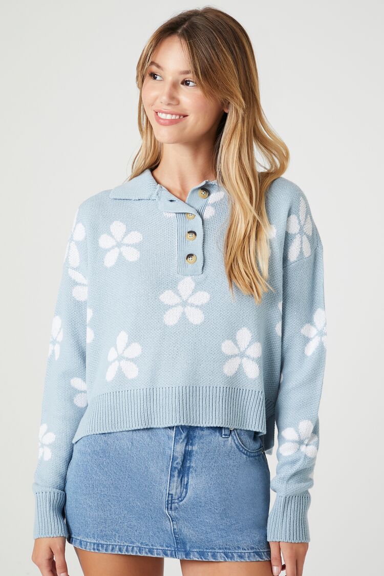 Forever 21 Knit Women's Flower Print Sweater Blue/Multi