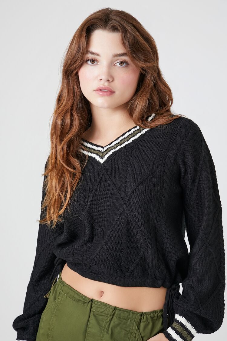 Forever 21 Knit Women's Varsity-Striped Cropped Sweater Black/Multi