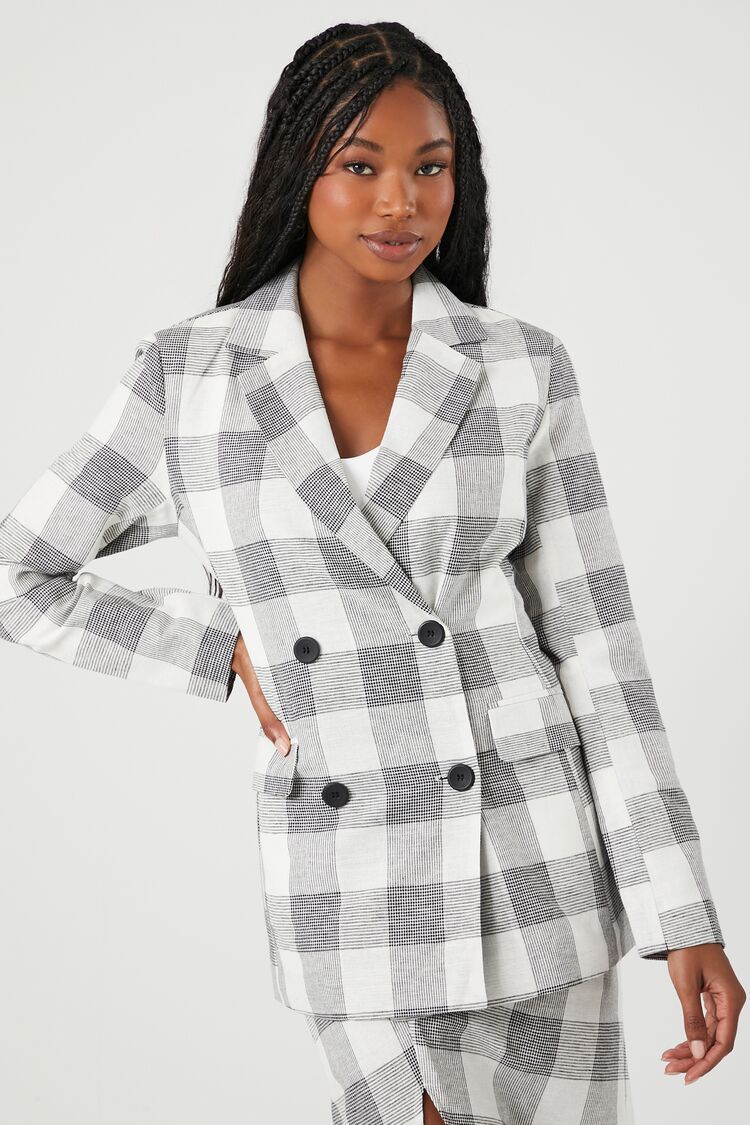 Forever 21 Women's Double-Breasted Plaid Blazer White/Multi