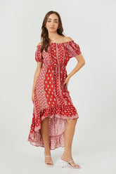 Forever 21 Women's Ornate Off-the-Shoulder Maxi Long Spring/Summer Dress Red/Multi