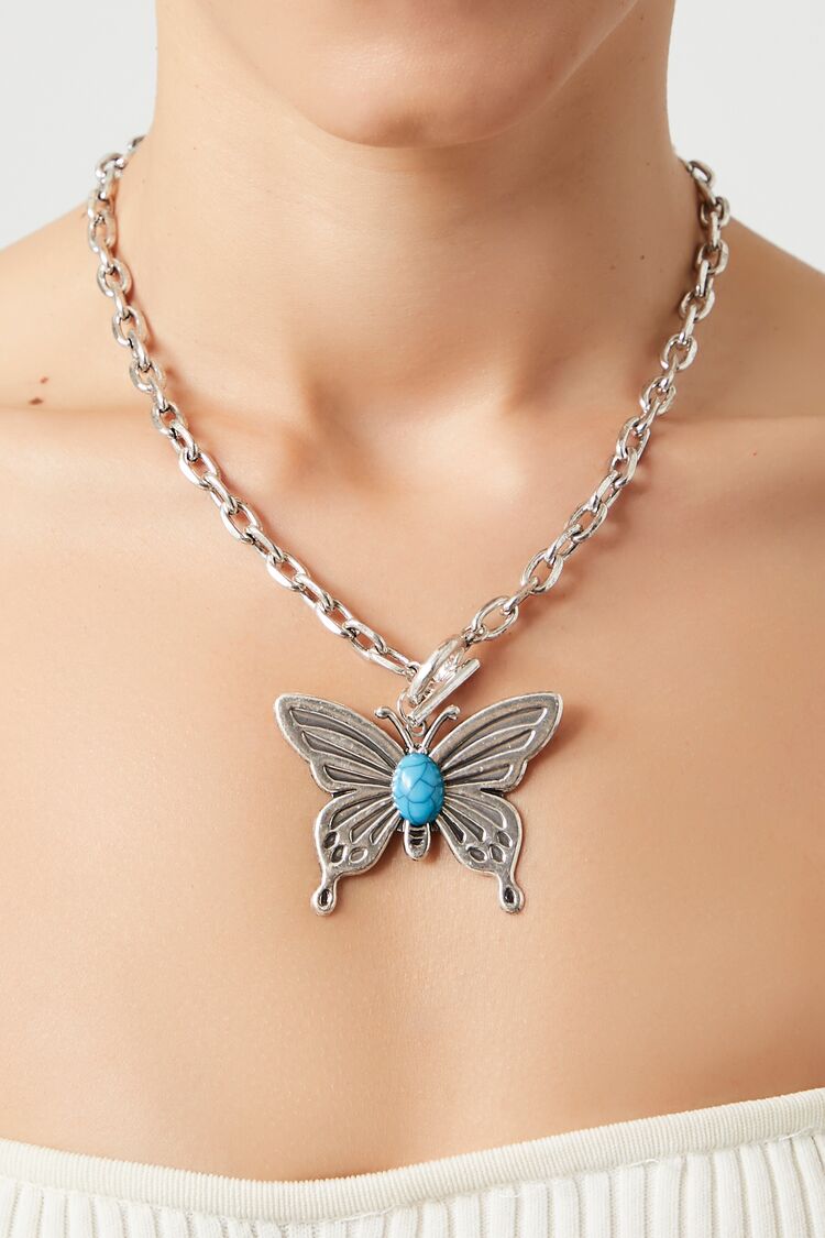 Forever 21 Women's Faux Stone Butterfly Pendant Necklace Silver