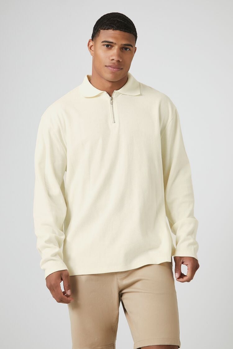 Forever 21 Men's Quarter-Zip Polo Shirt Cream