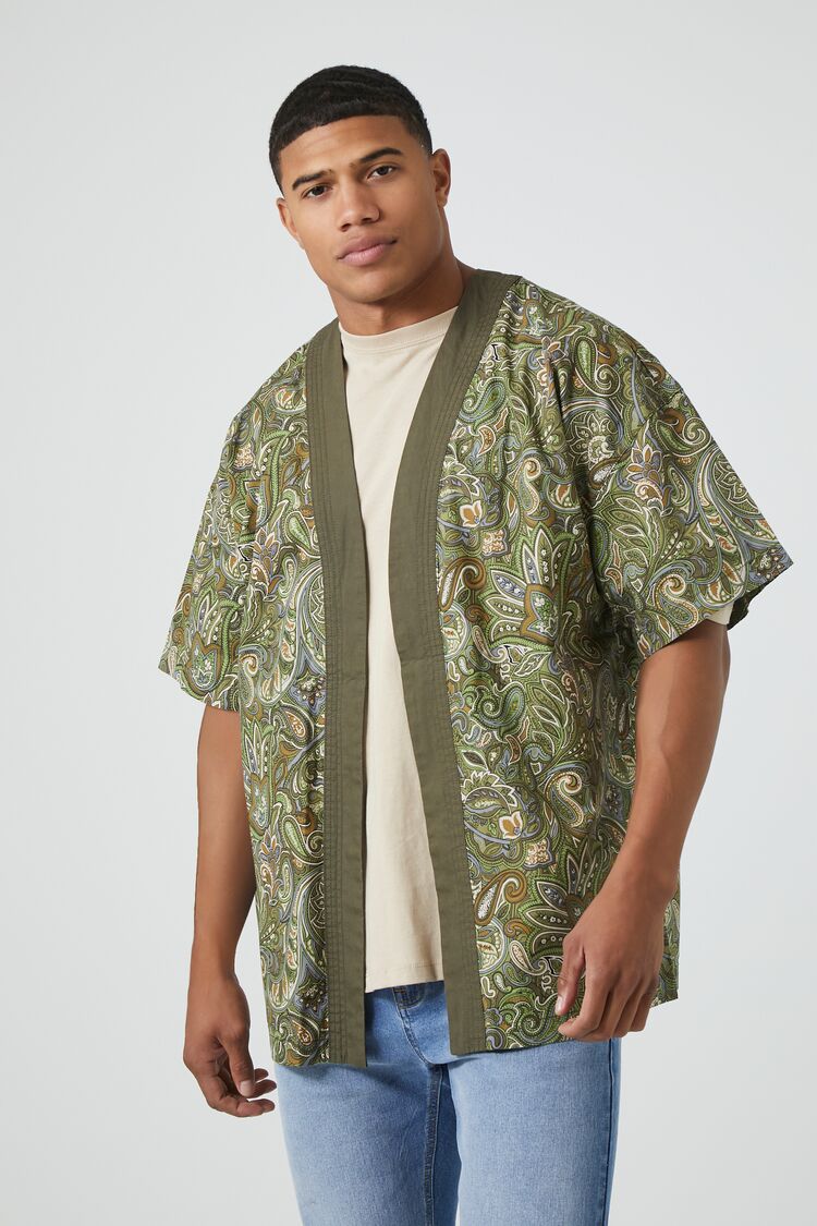 Forever 21 Men's Paisley Print Open-Front Kimono Olive/Multi