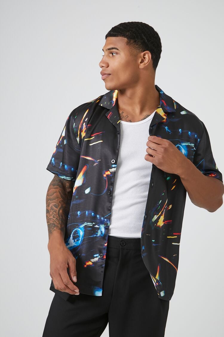 Forever 21 Men's Satin Element Print Shirt Black/Multi