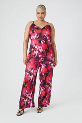 Forever 21 Plus Women's Abstract Print Satin Jumpsuit Red/Multi