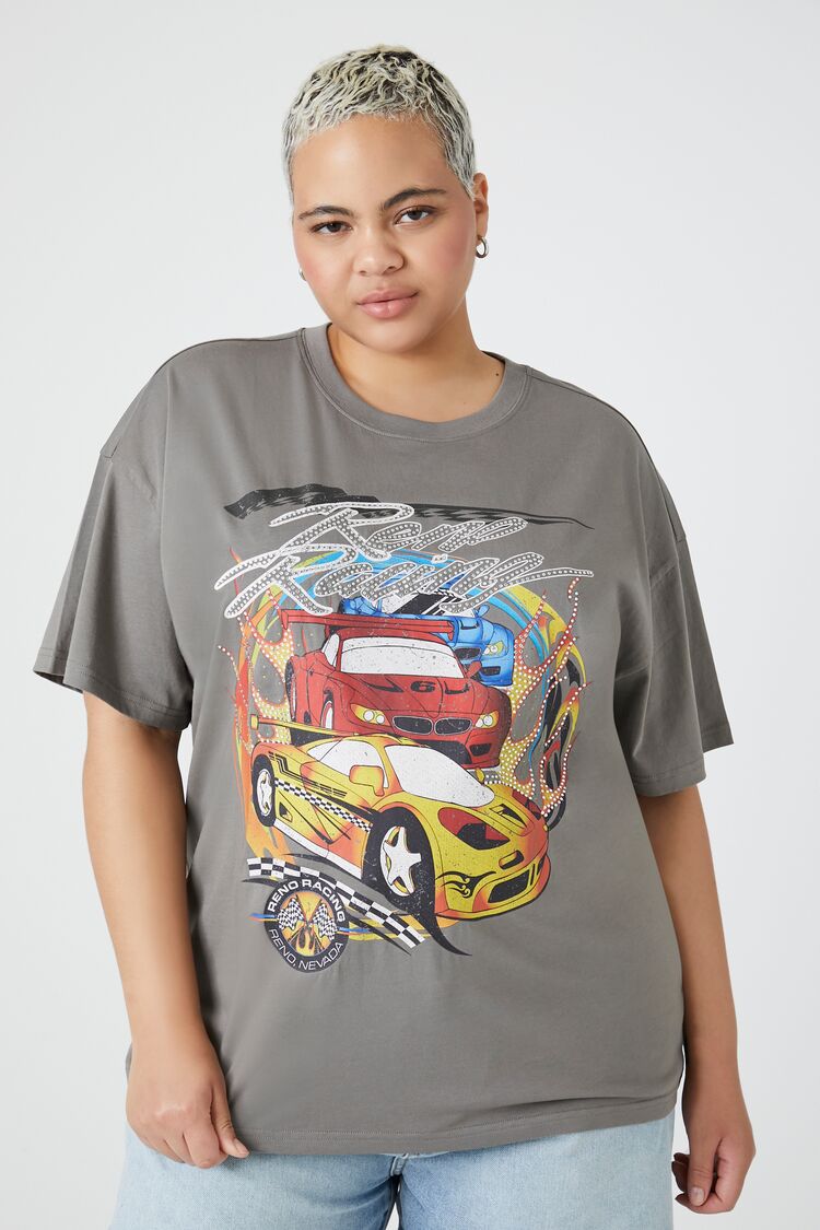 Forever 21 Plus Women's Reno Racing Graphic T-Shirt Charcoal/Multi