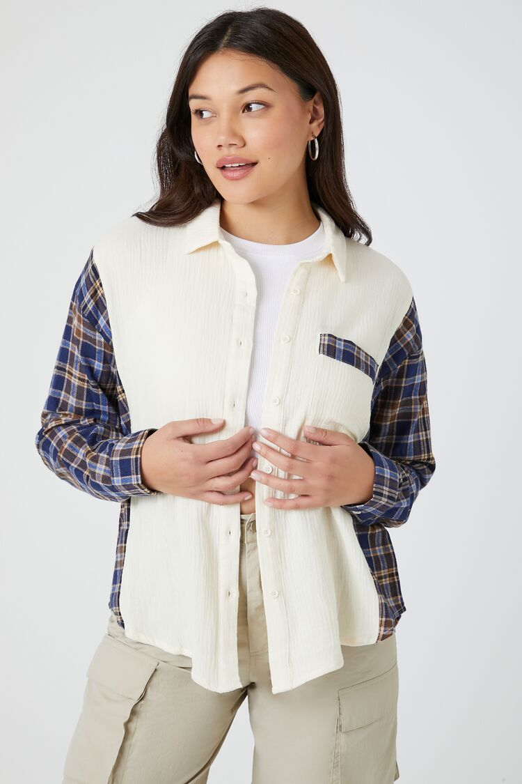 Forever 21 Women's Colorblock Plaid Shirt Cream/Navy