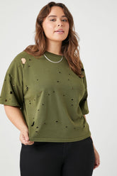 Forever 21 Plus Women's Distressed Crew T-Shirt Olive