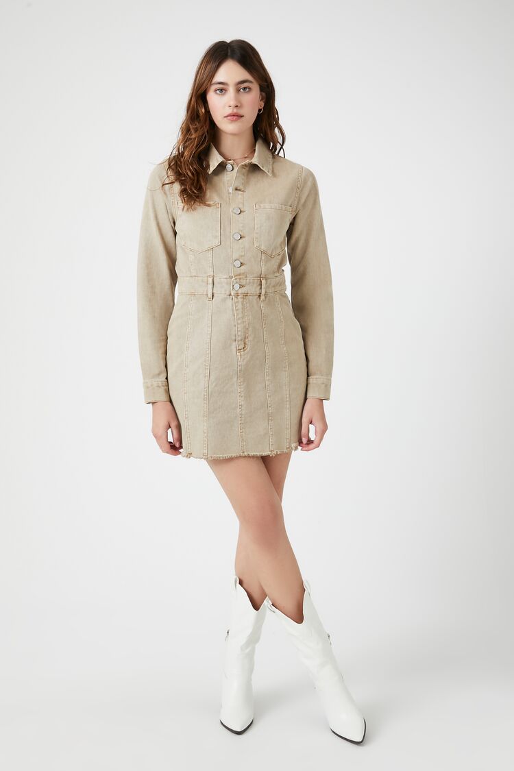 Forever 21 Women's Button-Up Twill Mini Dress Khaki