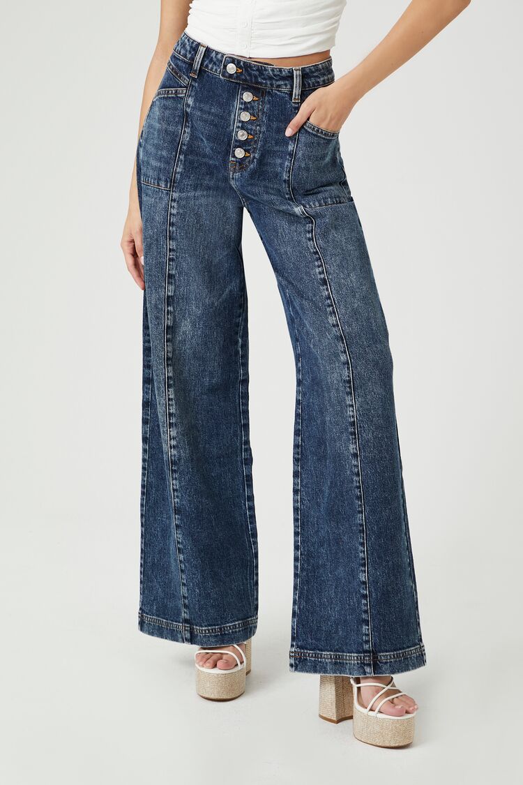 Forever 21 Women's Wide-Leg Seamed Jeans Dark Denim