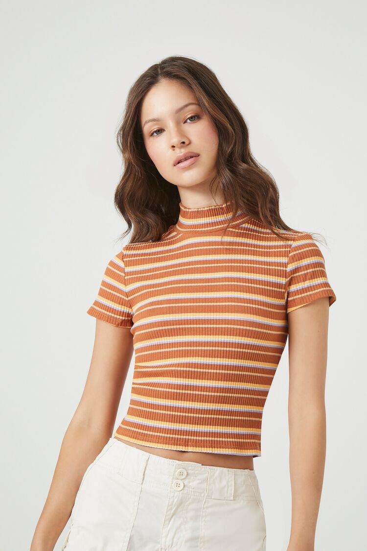 Forever 21 Women's Striped Mock Neck T-Shirt Rust/Multi