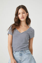 Forever 21 Women's Striped Rib-Knit T-Shirt Navy/Ivory