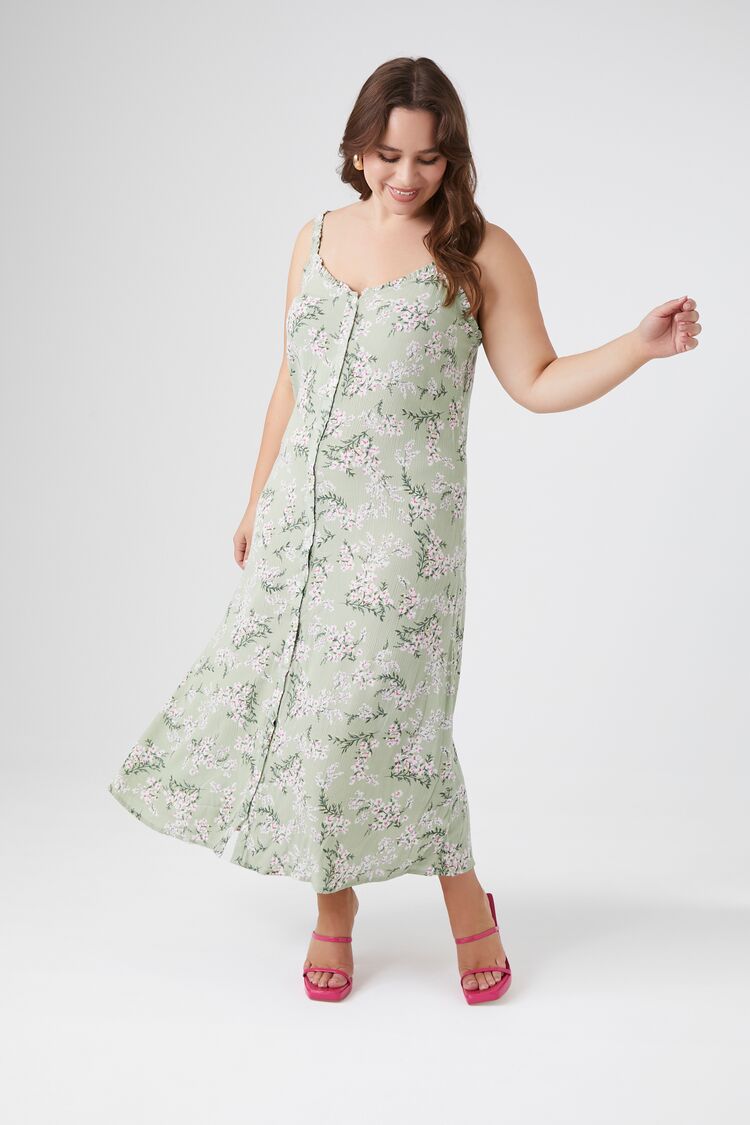 Forever 21 Plus Women's Floral Print Midi Dress Sage/Multi