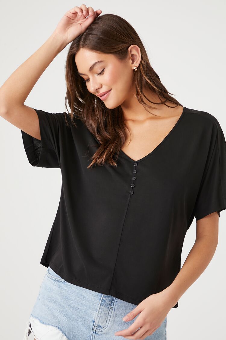 Forever 21 Women's Relaxed Button-Front T-Shirt Black