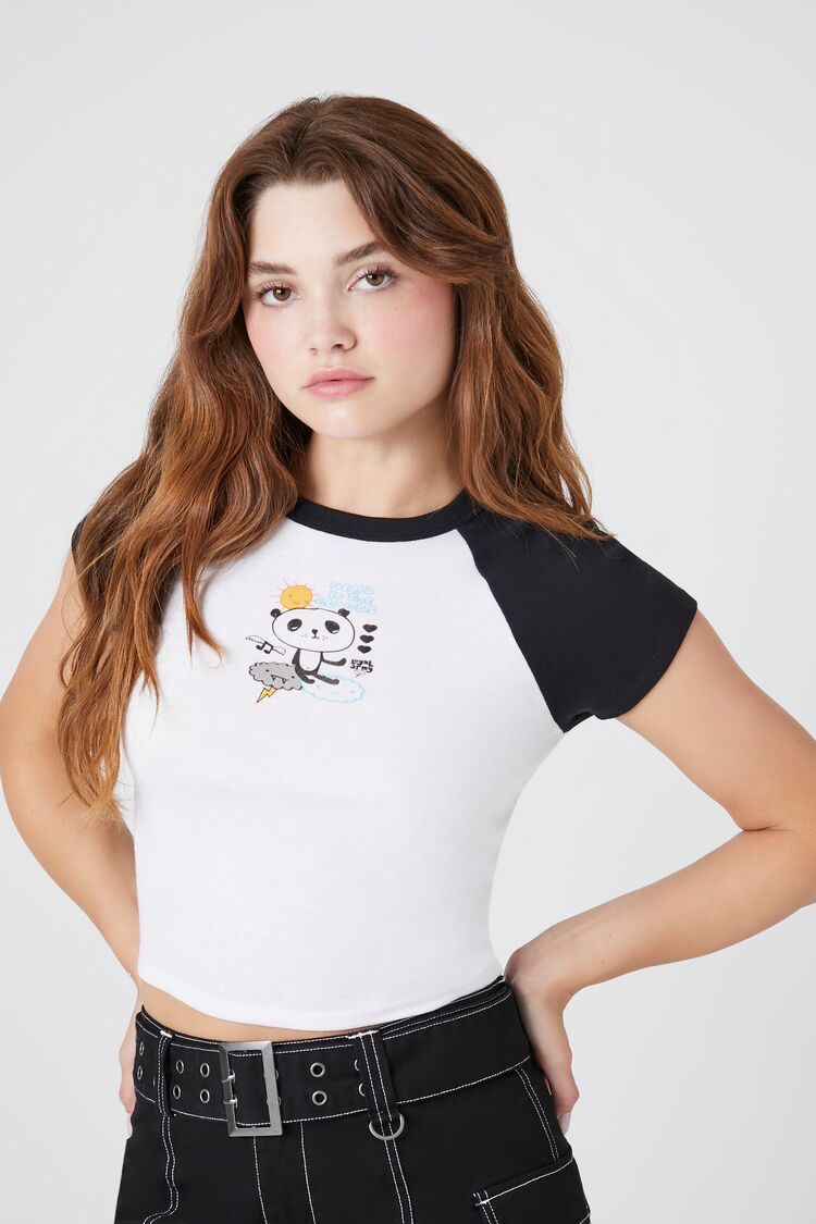 Forever 21 Women's Loyal Army Panda Graphic Raglan T-Shirt White/Multi